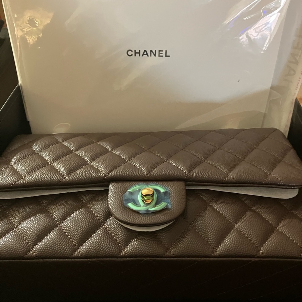 CHANEL Quilted Caviar Double Flap Leather Shoulder Bag - Chocolate Brown